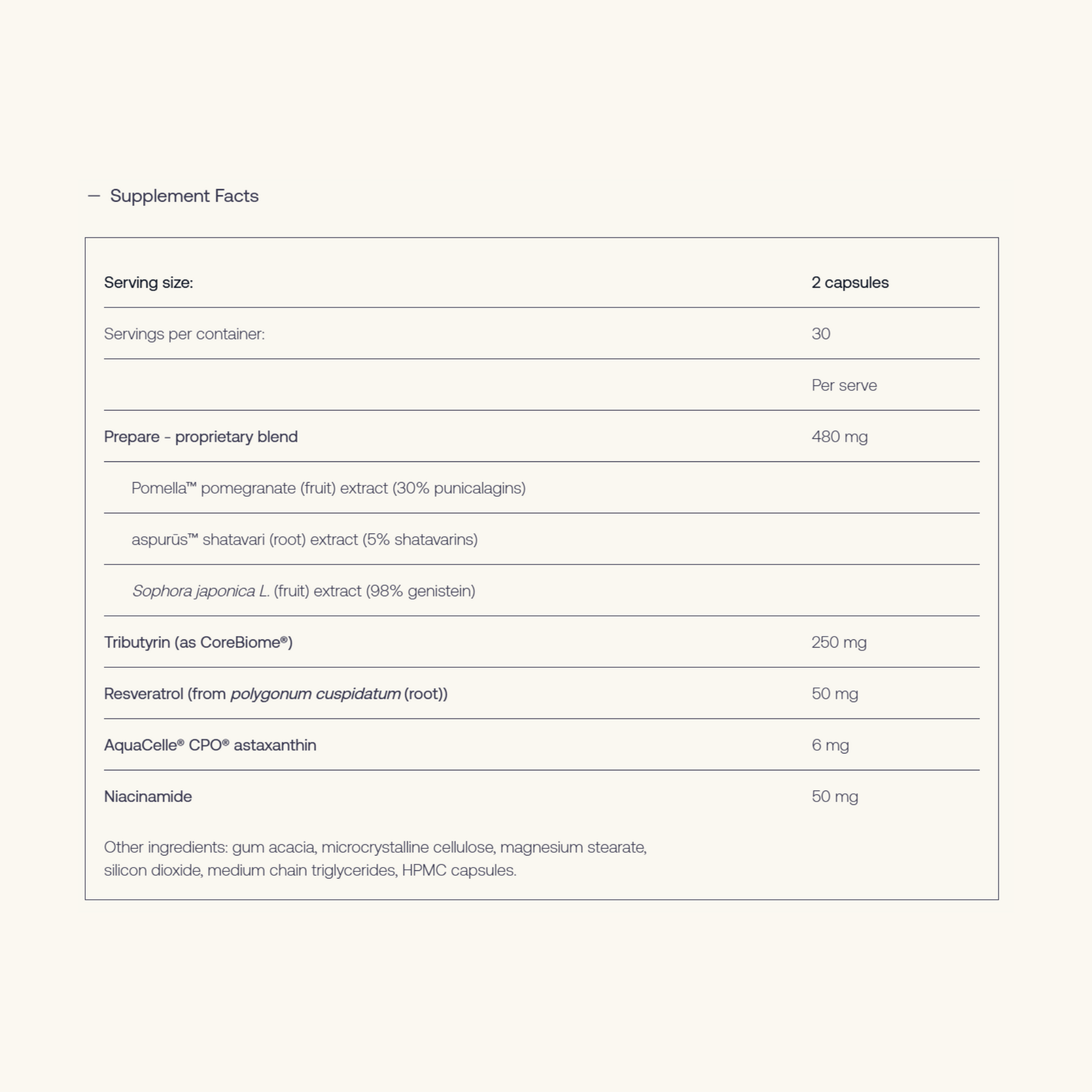 MenoMora Prepare Supplement facts label with detailed ingredient list