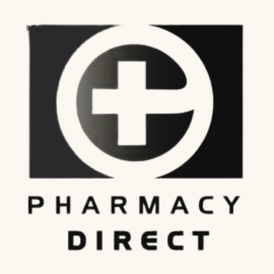 Logo of Pharmacy Direct with a black square background and white cross and text.