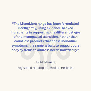 Text about MenoMora range and Liz McNamara's quote on a white background