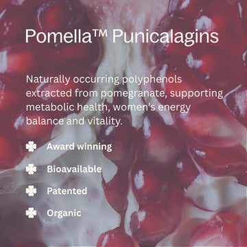 Pomegranate with text about Pomella Punicalagins and its benefits