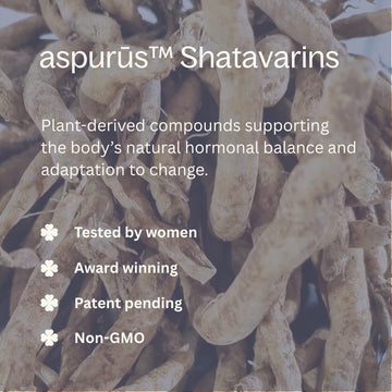 Shatavarins with text about plant-derived compounds supporting hormonal balance.
