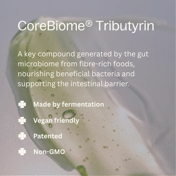 CoreBiome Tributyrin product with text about its benefits and features.